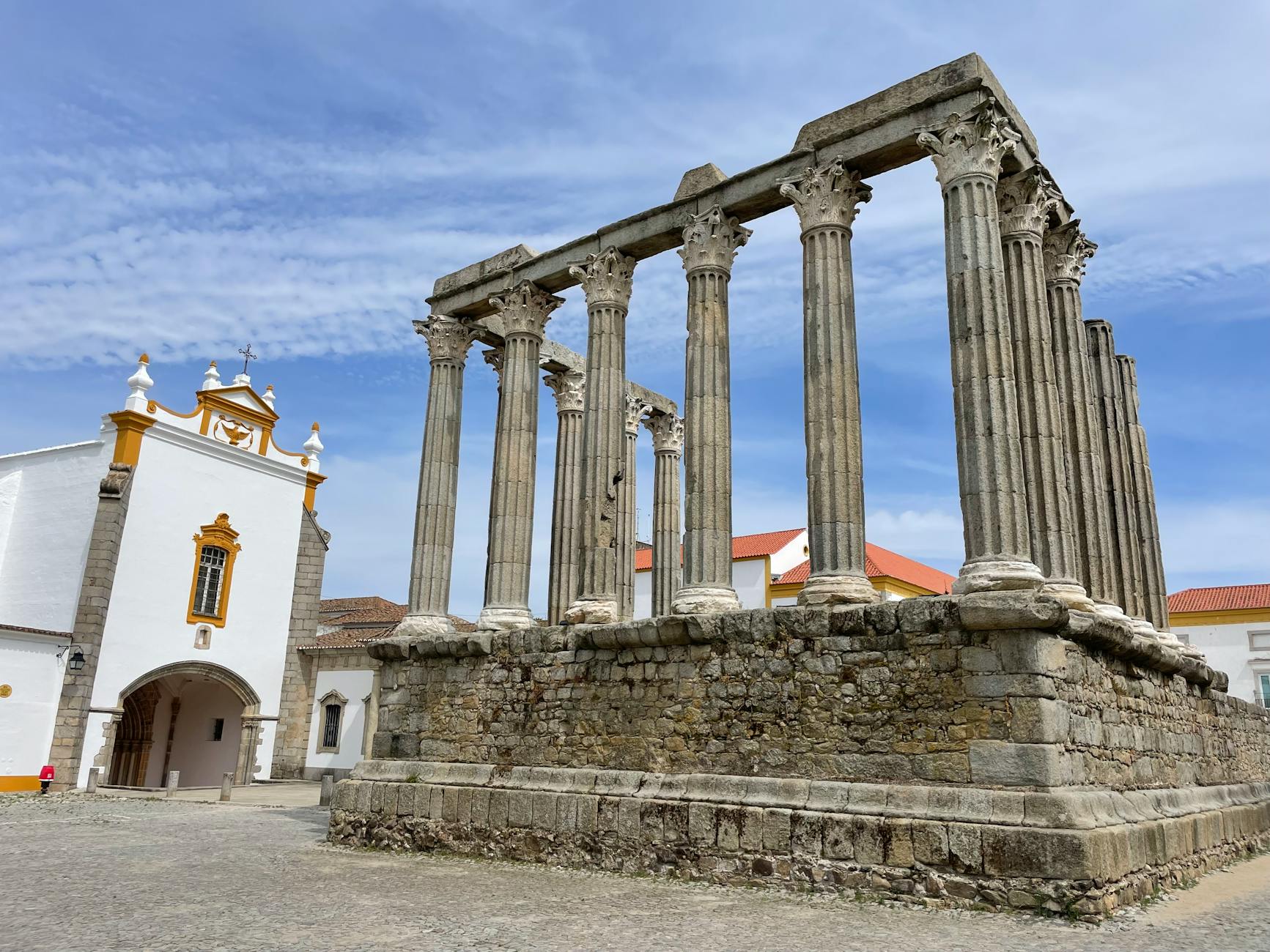 Roman Temple of Diana with ancient Corinthian columns in Évora, Portugal
