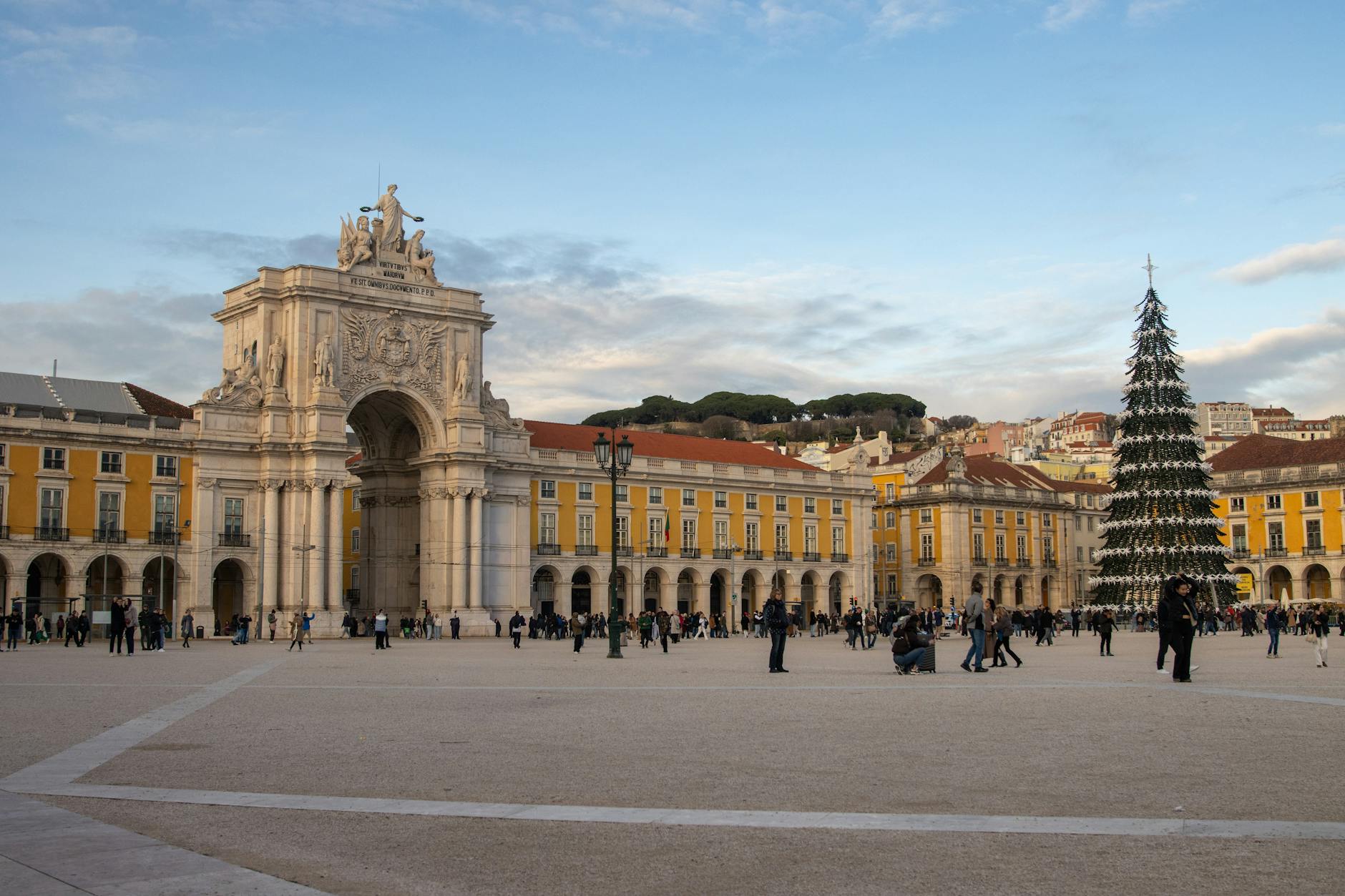 Lisbon Praca do Comercio with festive Christmas tree in December