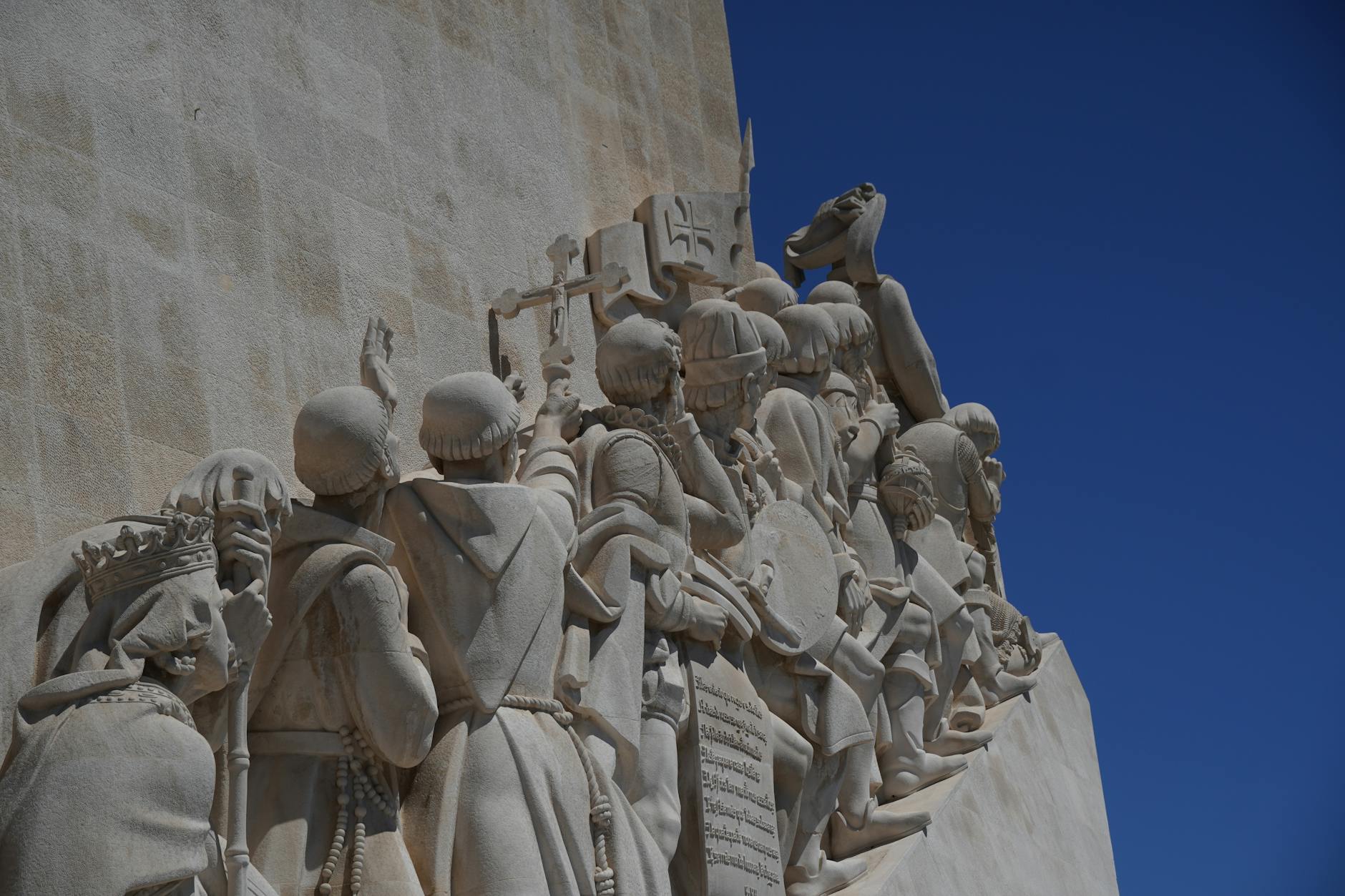Monument to the Discoveries 52-meter limestone sculpture with caravel prow on Lisbon's Belém waterfront