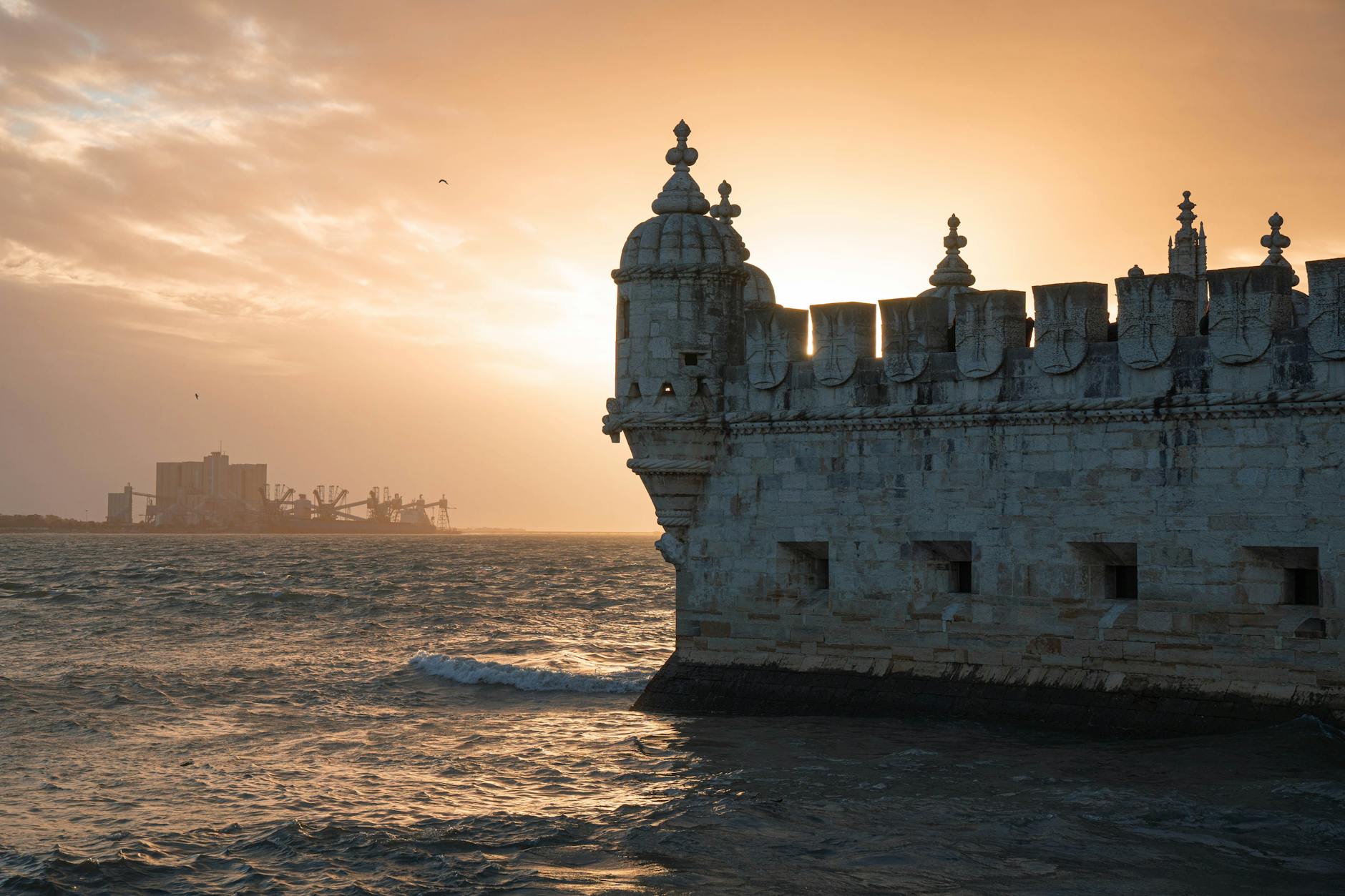 Belém Tower overlooking the Tagus River at sunset, Lisbon, Portugal