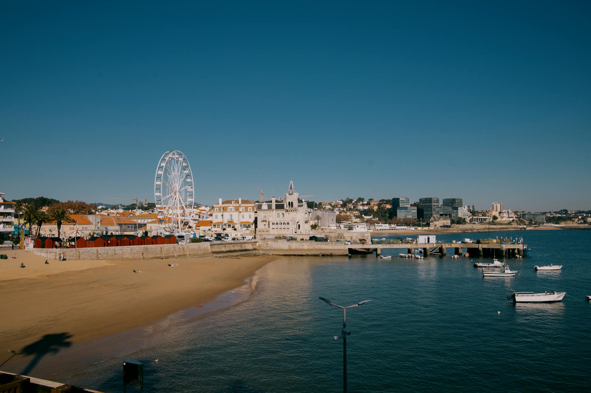 Aerial view of Cascais town with beach marina and historic buildings by the sea Portugal