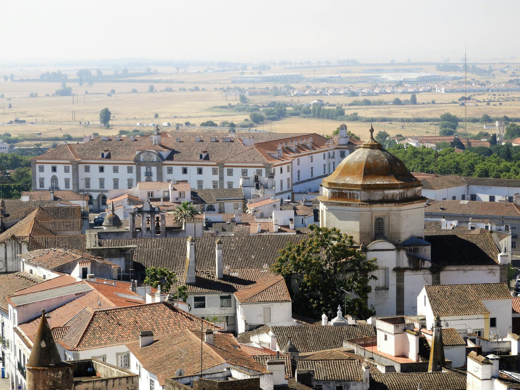 Aerial view of Evora Portugal historic old town with traditional whitewashed architecture