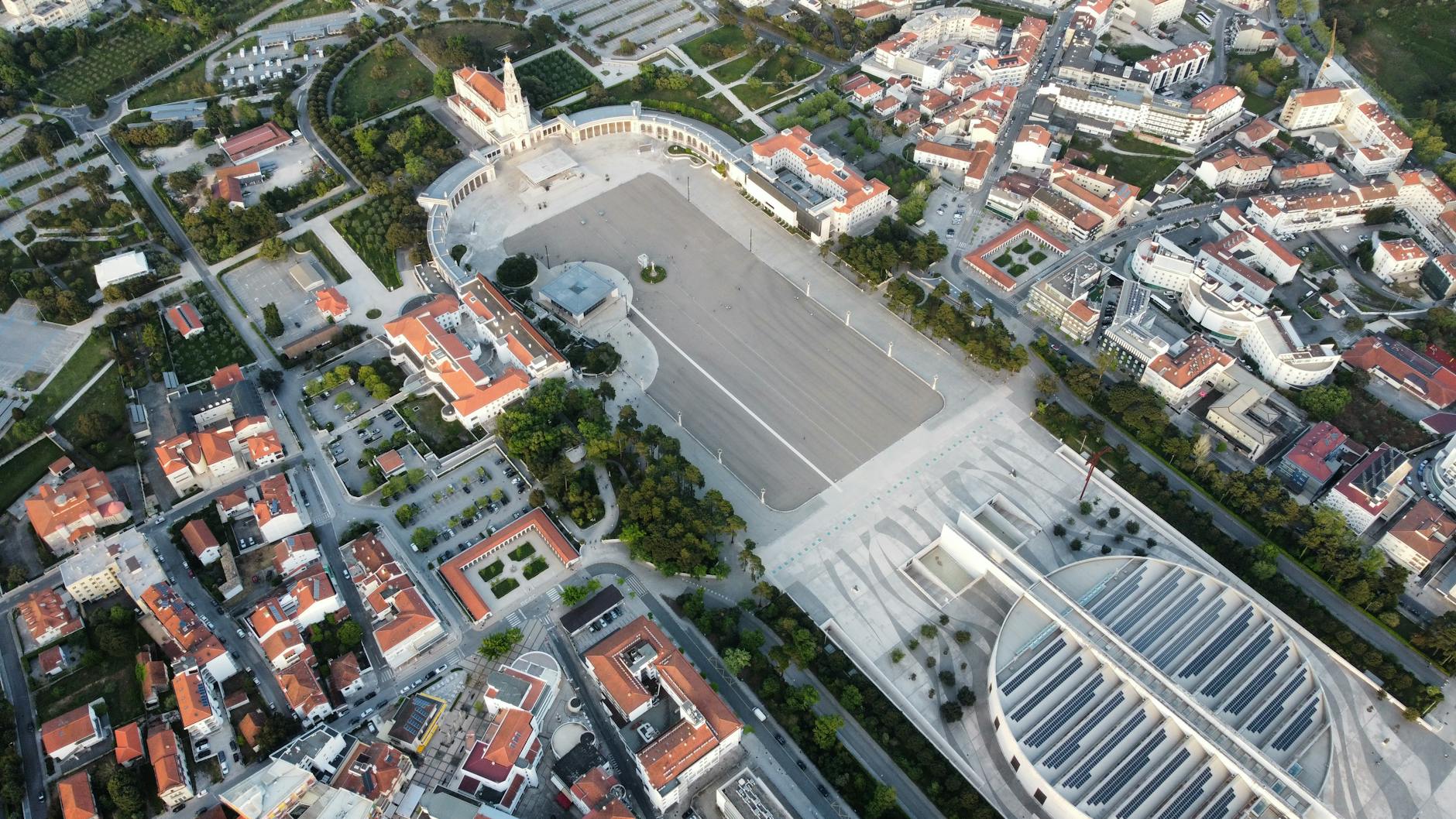 Aerial view of the Fátima Sanctuary complex and surrounding town in Portugal