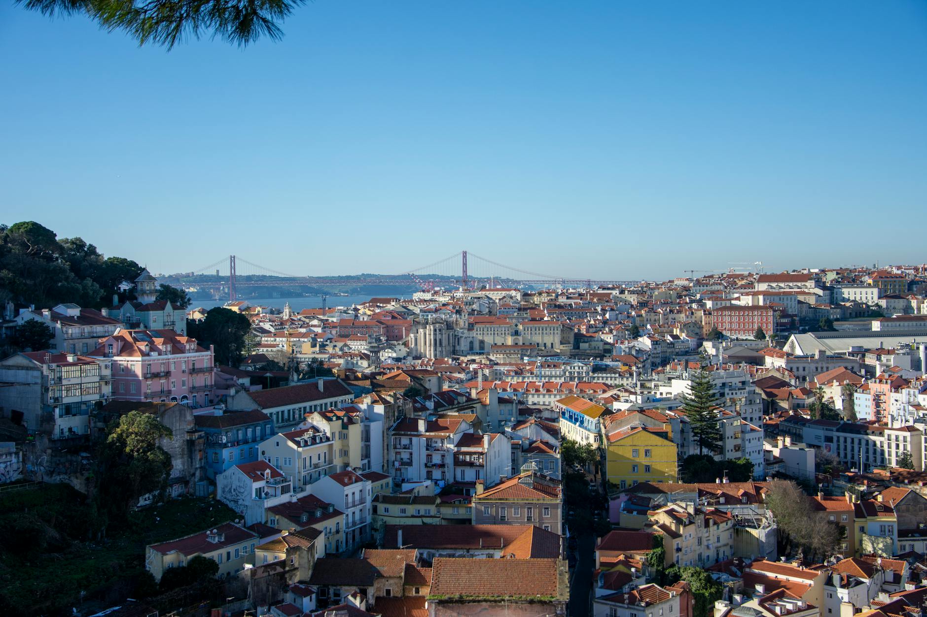 Aerial view of Lisbon cityscape with the 25 de Abril Bridge under clear blue sky
