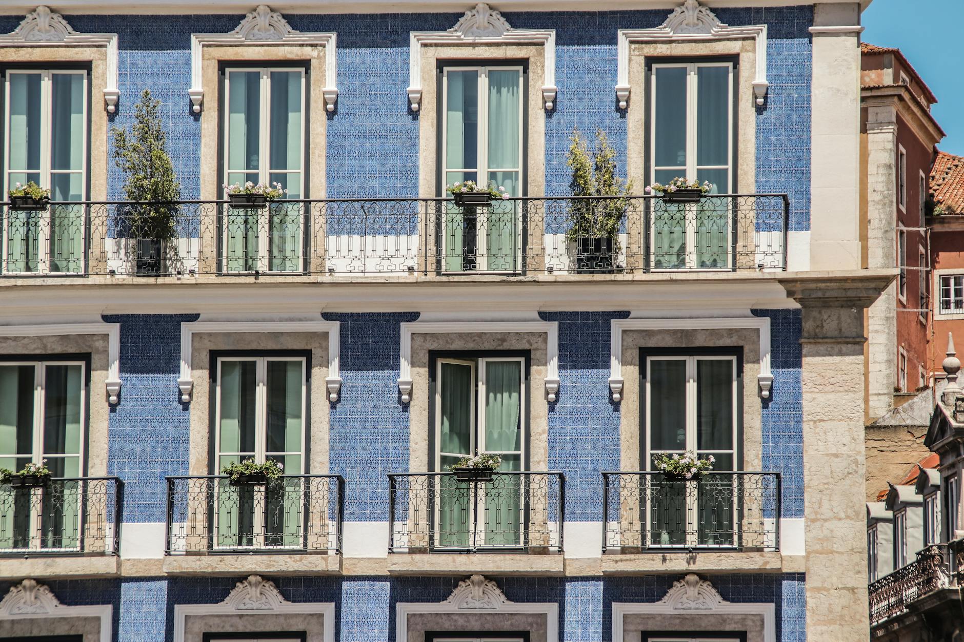 Traditional azulejo tiled building facade in Lisbon Portugal