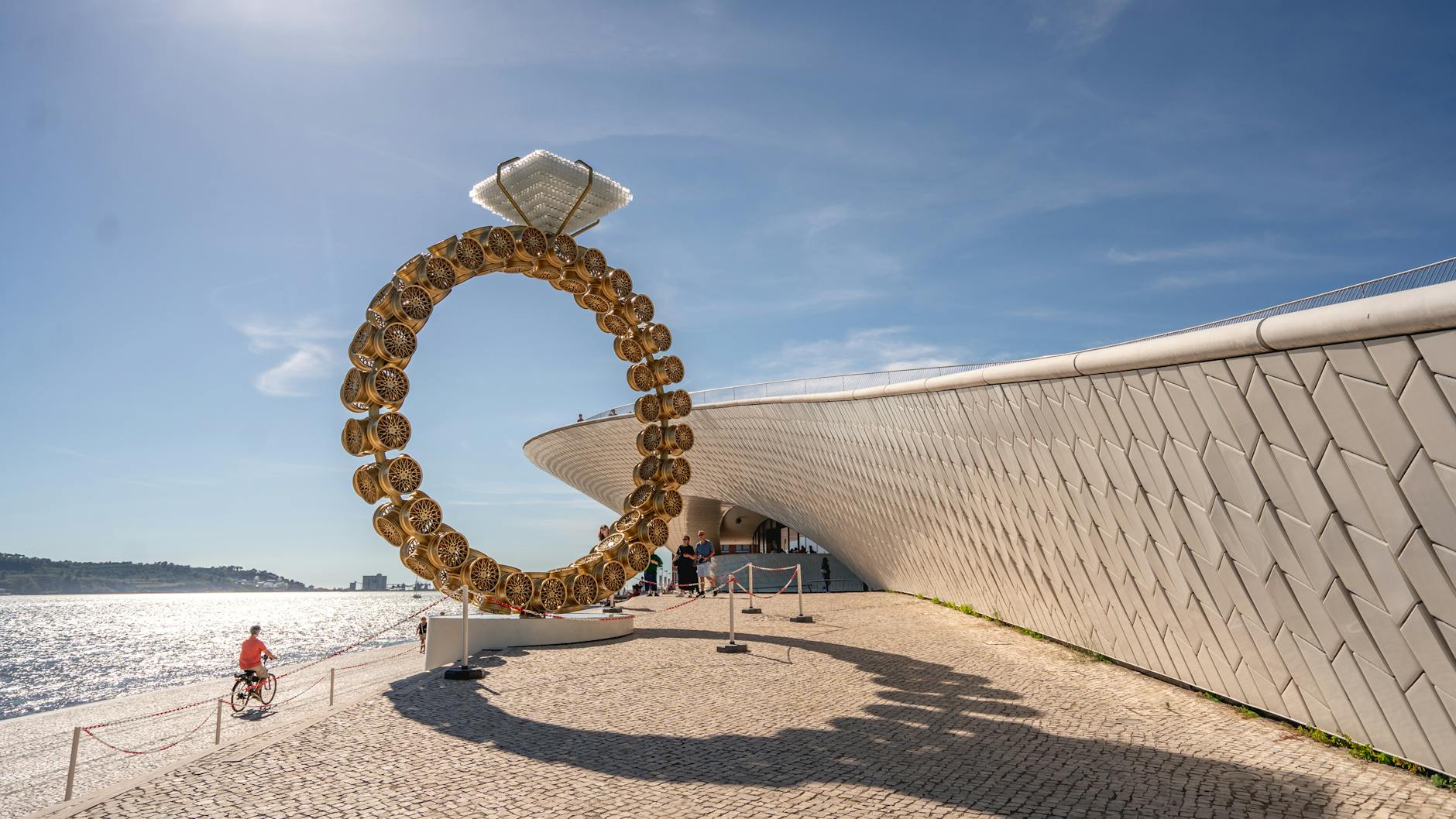 Contemporary art installation at MAAT museum Lisbon with Tagus river view