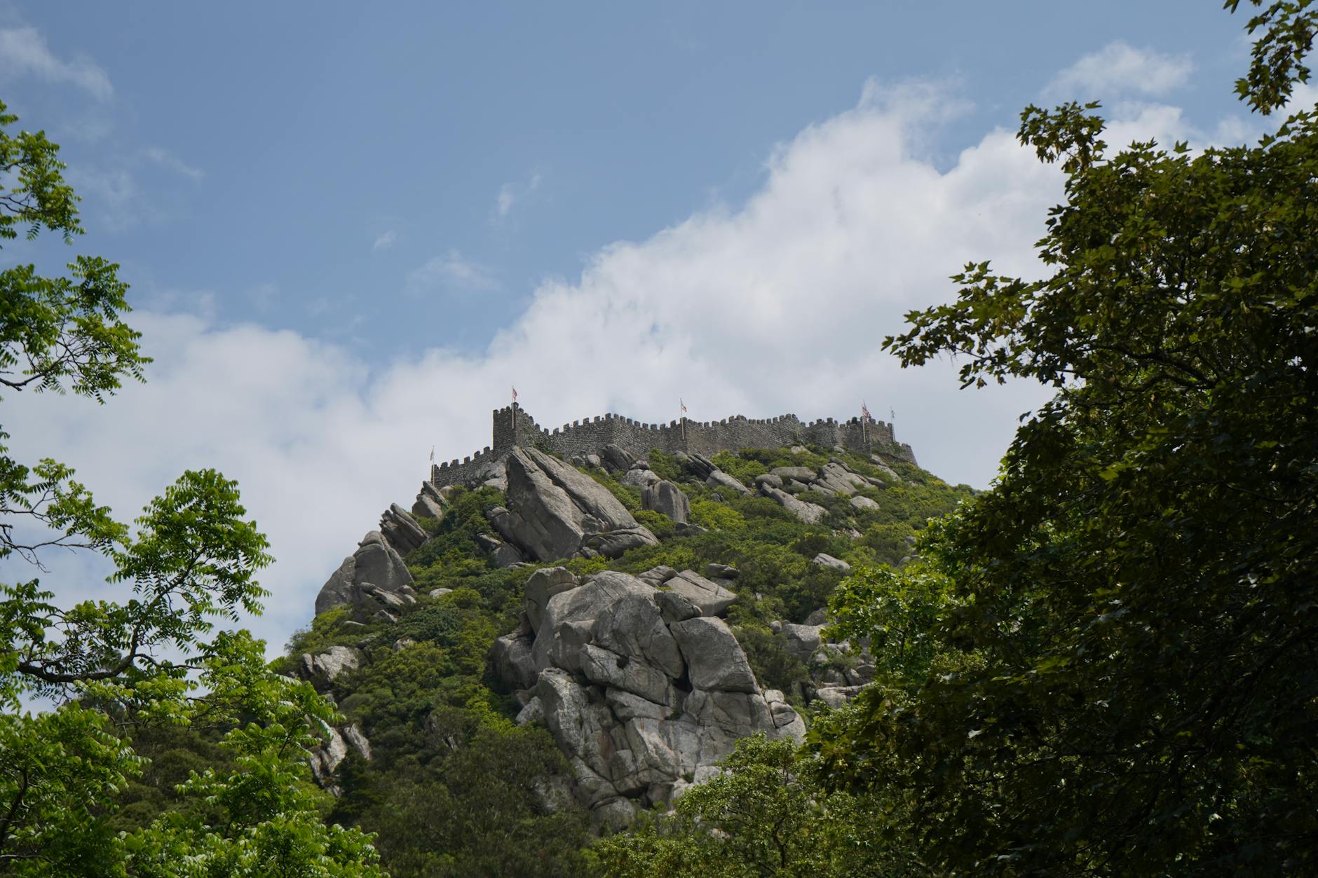 Castelo dos Mouros Moorish Castle on Sintra hilltop surrounded by green forest