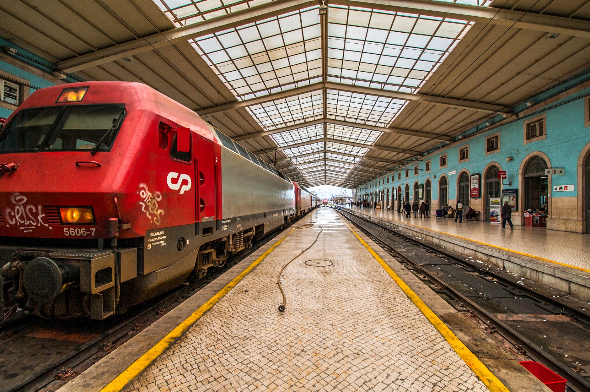 Red train at Rossio railway station in Lisbon, the departure point for Sintra