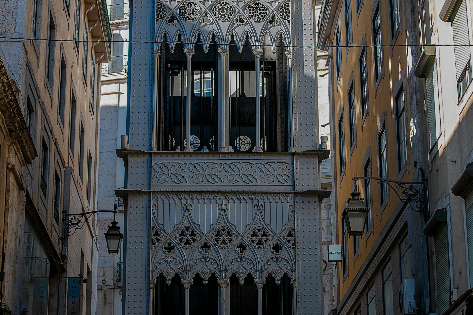 Detailed view of the iconic Santa Justa Lift neo-gothic architecture in Lisbon