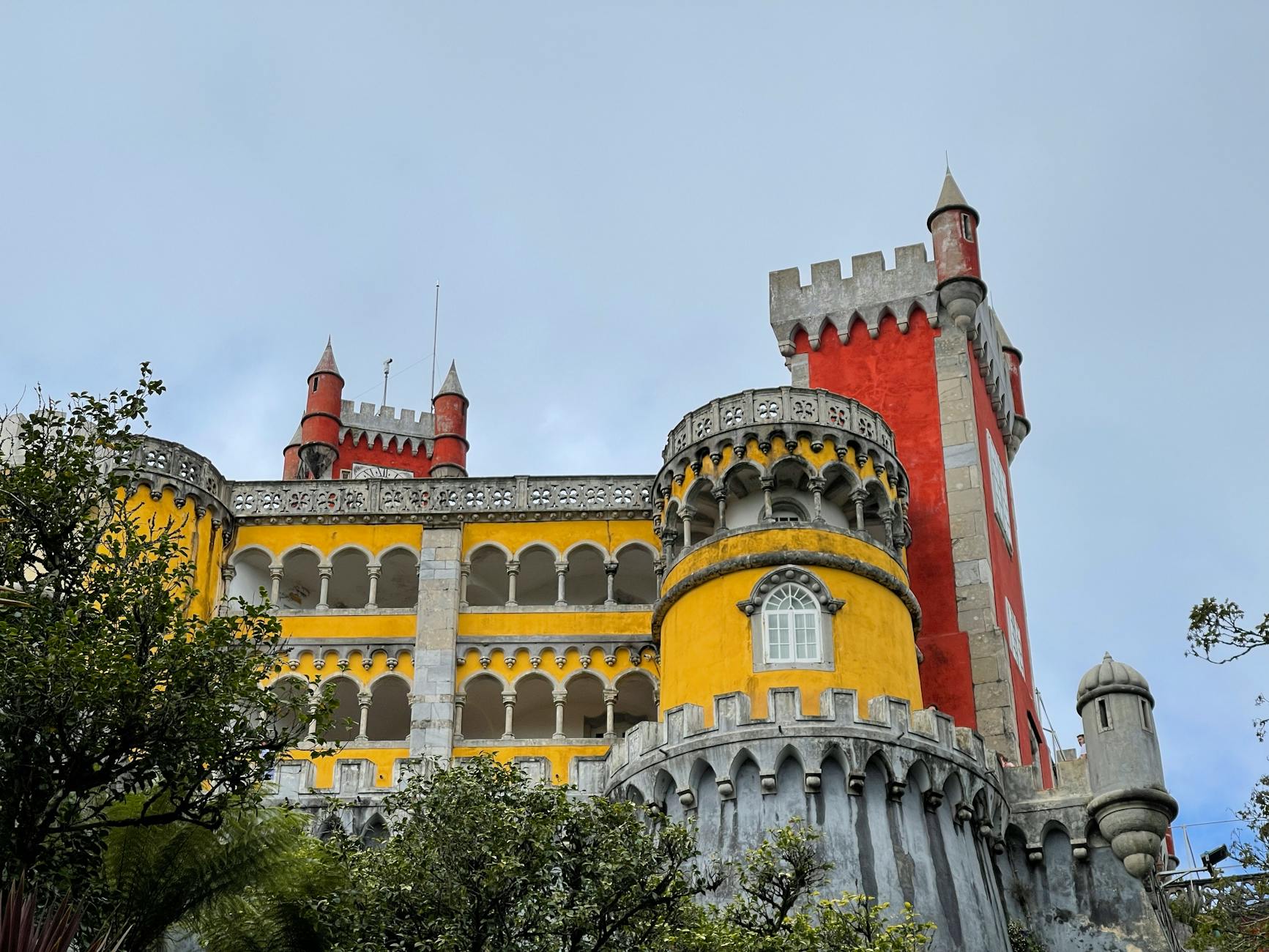 Colourful towers and facade of Pena Palace in Sintra Portugal