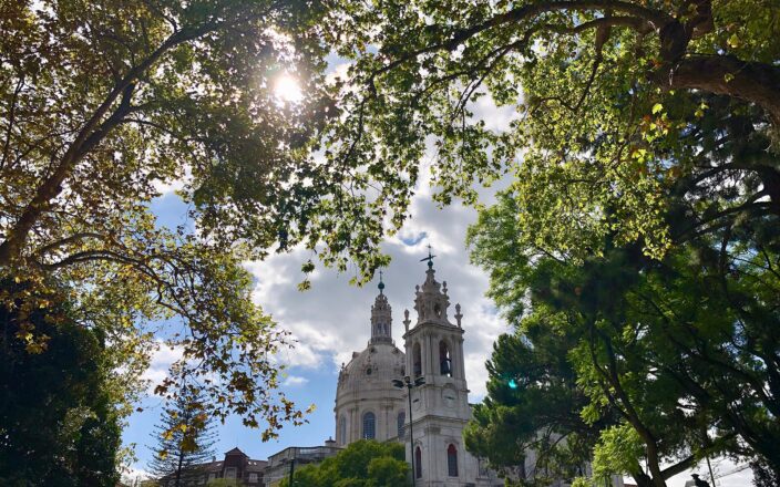 The dome and bell tower of the Basílica da Estrela seen through the trees of the Jardim da Estrela in Lisbon