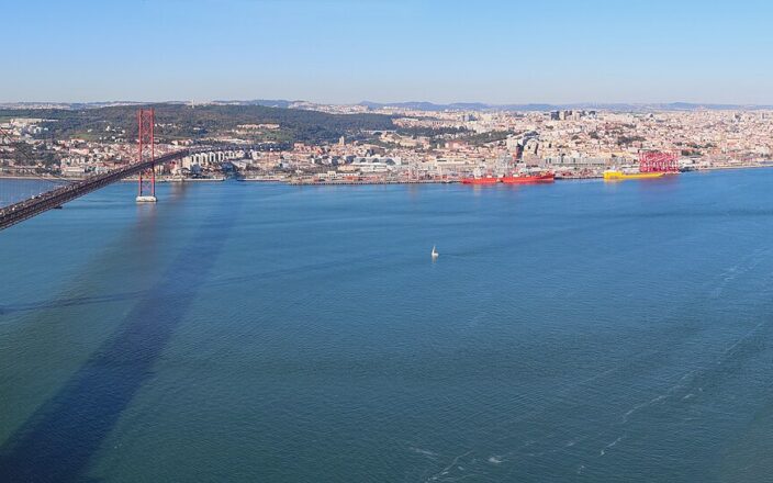 Panoramic view of Lisbon and the 25 de Abril Bridge seen from Cristo Rei on the south bank of the Tagus