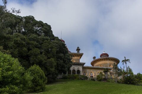 Monserrate Palace in Sintra seen across the Great Lawn, its yellow and red domes rising beside an enormous spreading tree
