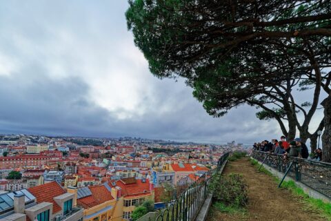 Visitors look across Lisbon rooftops from the pine-shaded terrace at Miradouro da Senhora do Monte beneath cloudy skies.